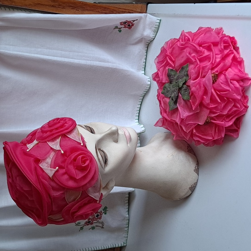 Vtg Bonwit Teller Flower Dress Hats Pink 60's Party Costume Derby Old Hollywood